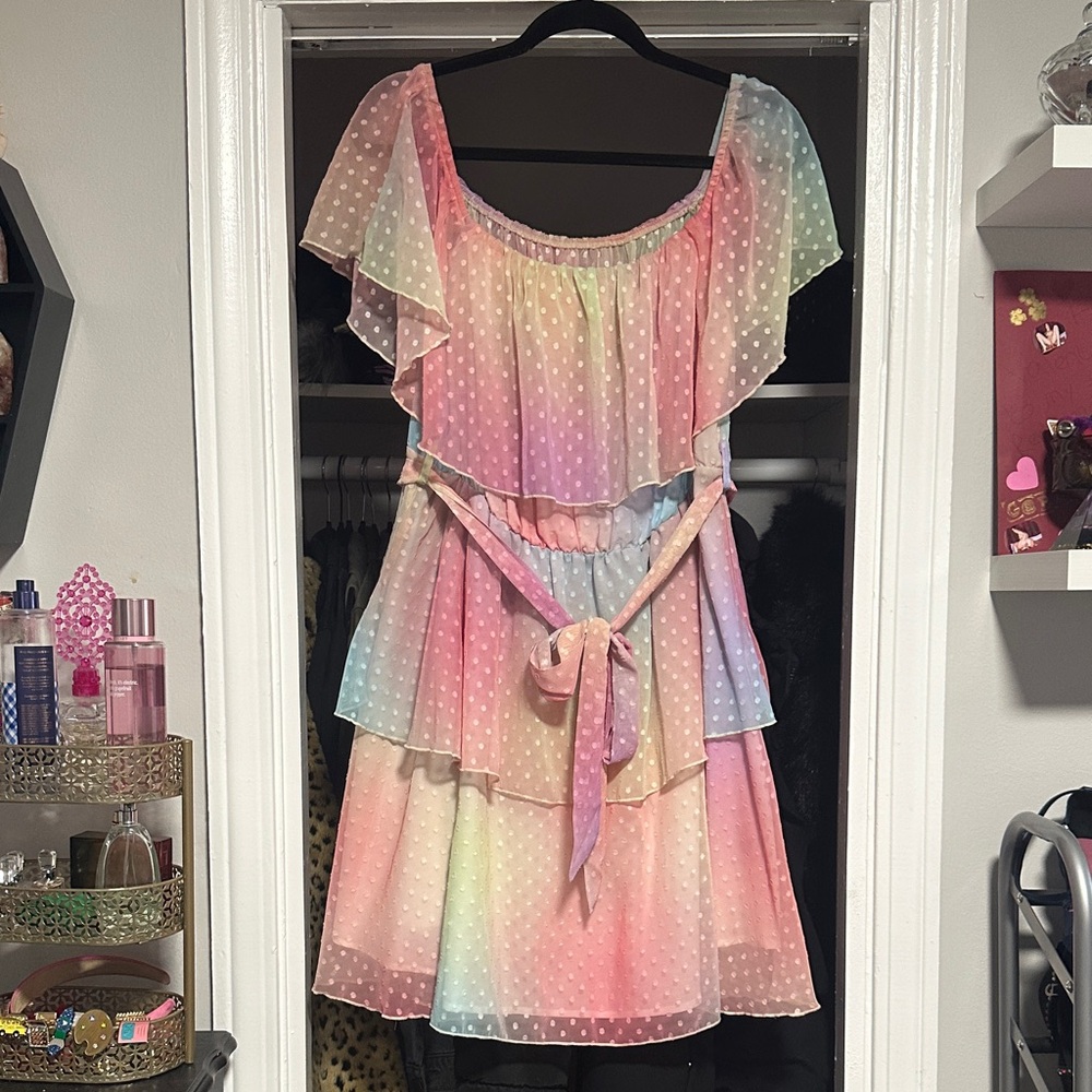 Women’s Spring Rainbow Pastel Polka Dot Ruffle Dress with Belt